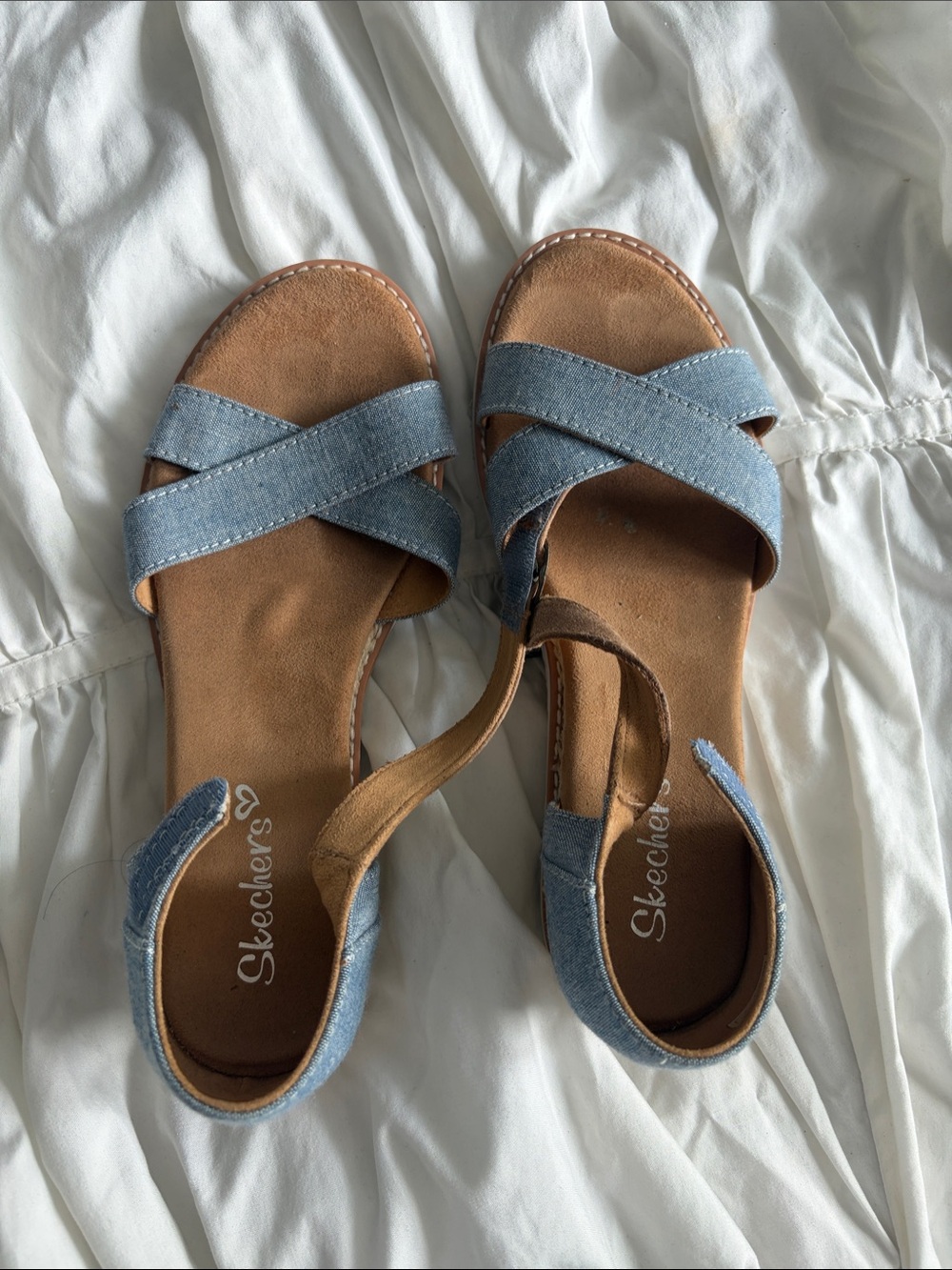 Skechers Denim Crisscross Open-Toe Sandals in Light Blue